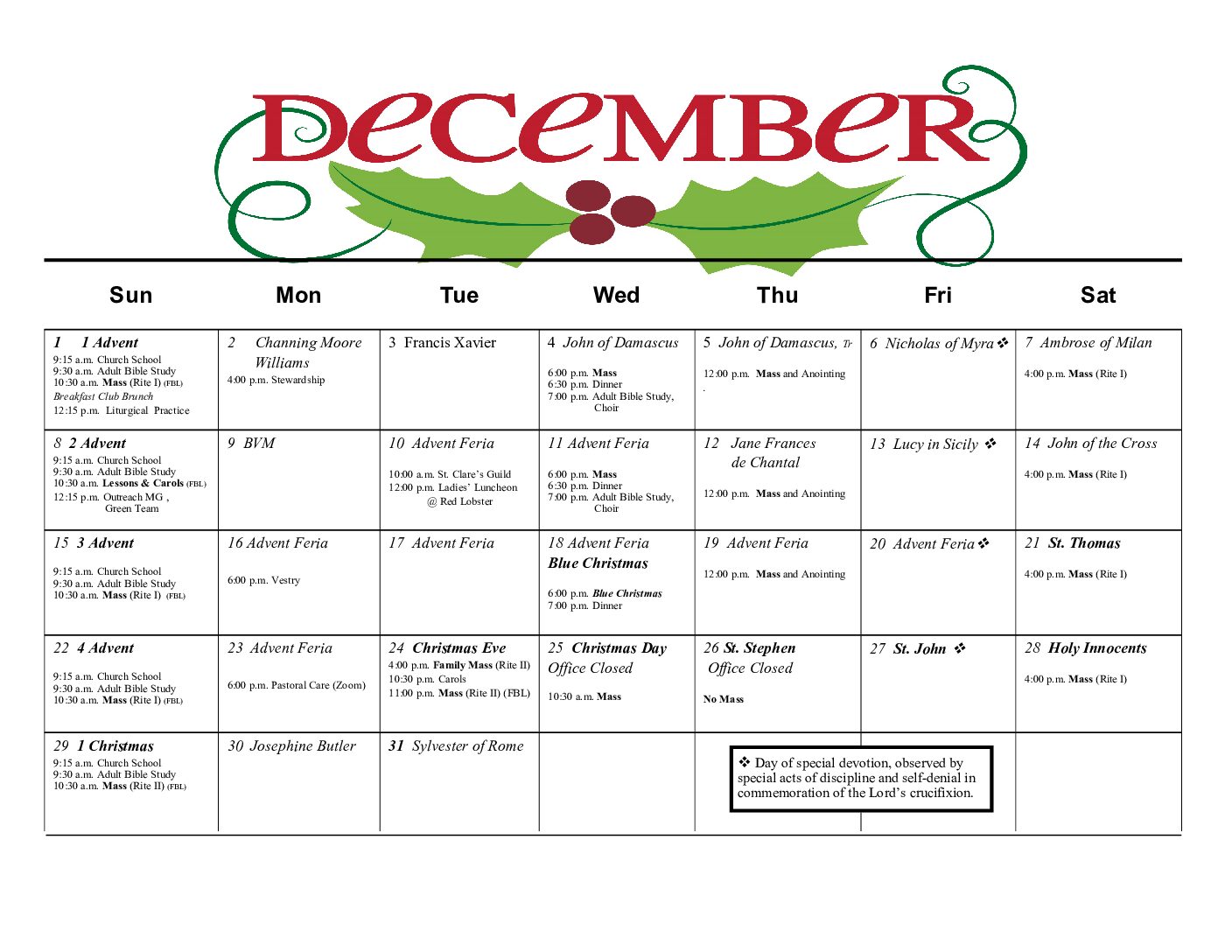 Springfield R 12 Calendar Calendar | St. John's Episcopal Church, Springfield